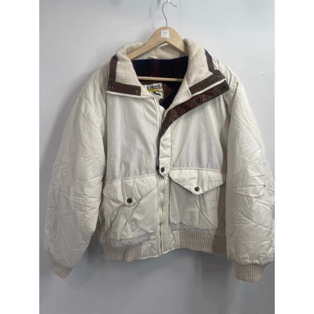 VTG Le Tigre Leather Trim Plaid Lined Full-Zip Puffy Bomber Jacket Cream L 42-44